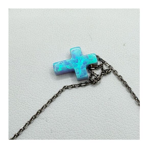 Sterling Silver Double Layer Opal Cross Necklace Bezel Set CZ Crystals Turkey - Picture 11 of 14